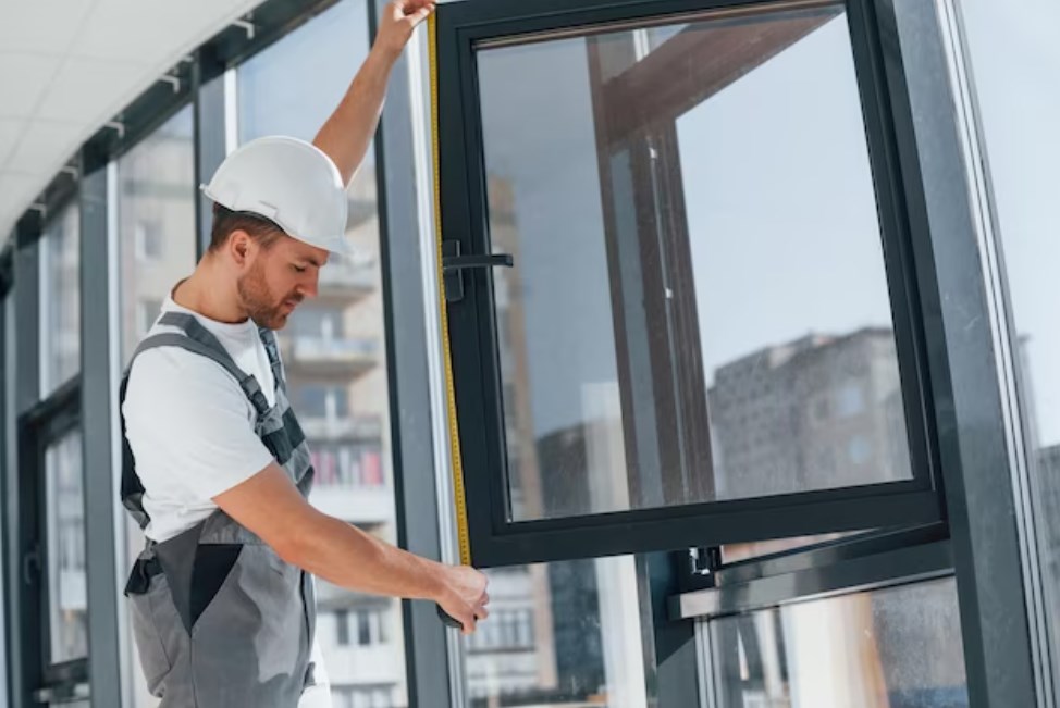 a repairman is measuring a window in the modern room or office