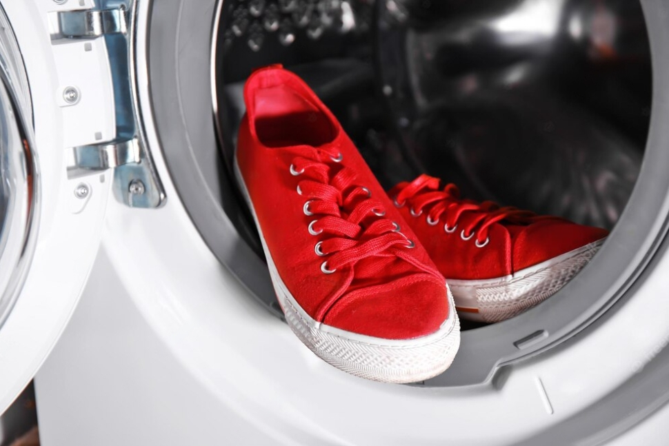 red shoes in the washing machine