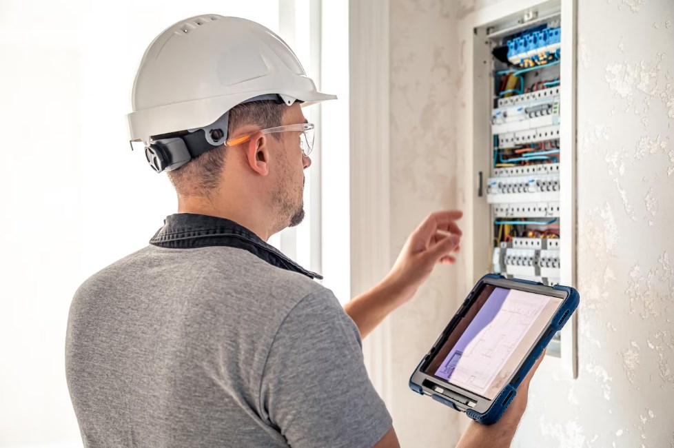 an electrical technician working with a switchboard and using a tablet