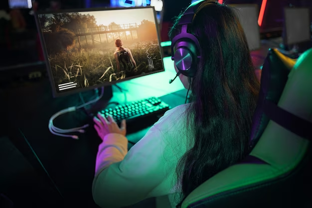 High angle woman playing videogame on computer