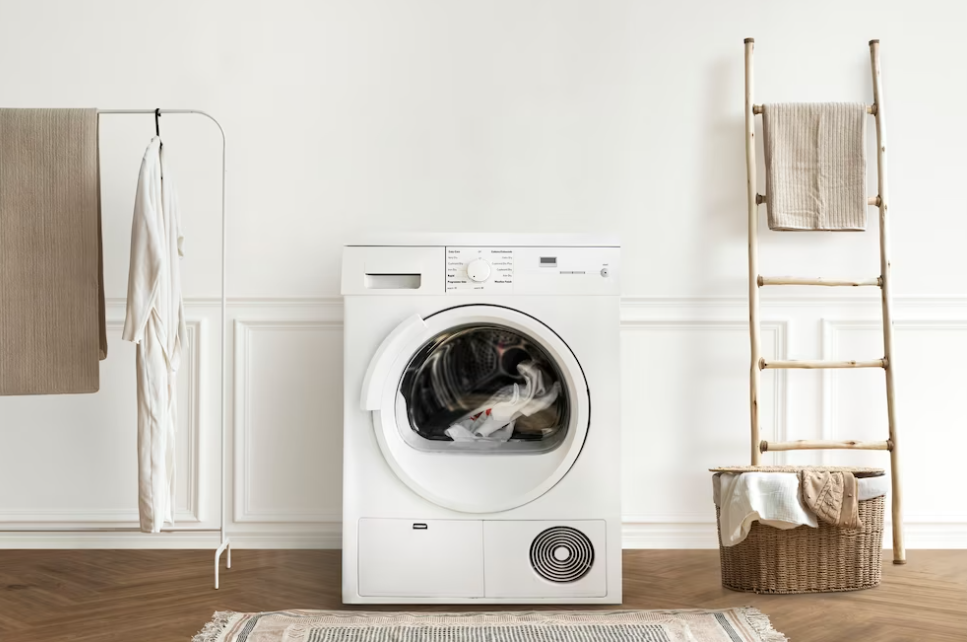 washing machine in a laundry room, carpet, basket on the wooden floor