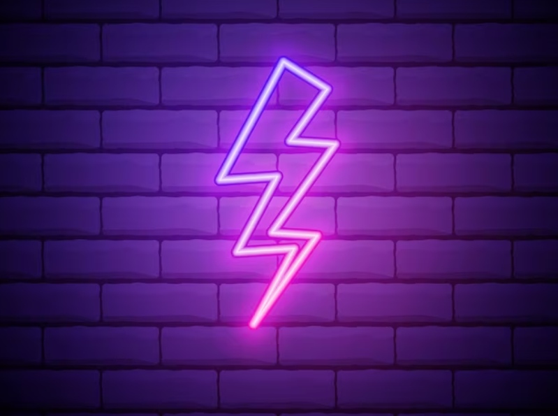 neon purple lightning on the wall of bricks
