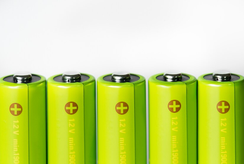 Green colored line of rechargeable batteries
