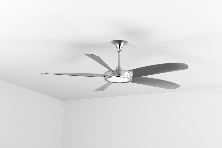 Silver ceiling fan viewed from below