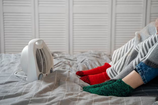 Feet with socks in front of an electric fan on a bed