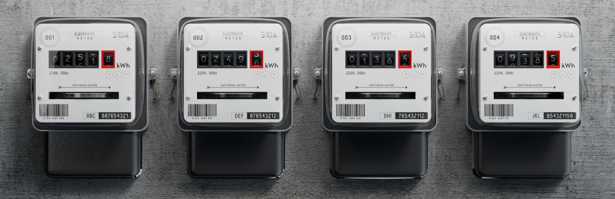 four electricity meters on the grey wall