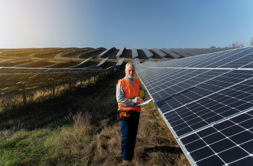 man stands near alternative energy plant