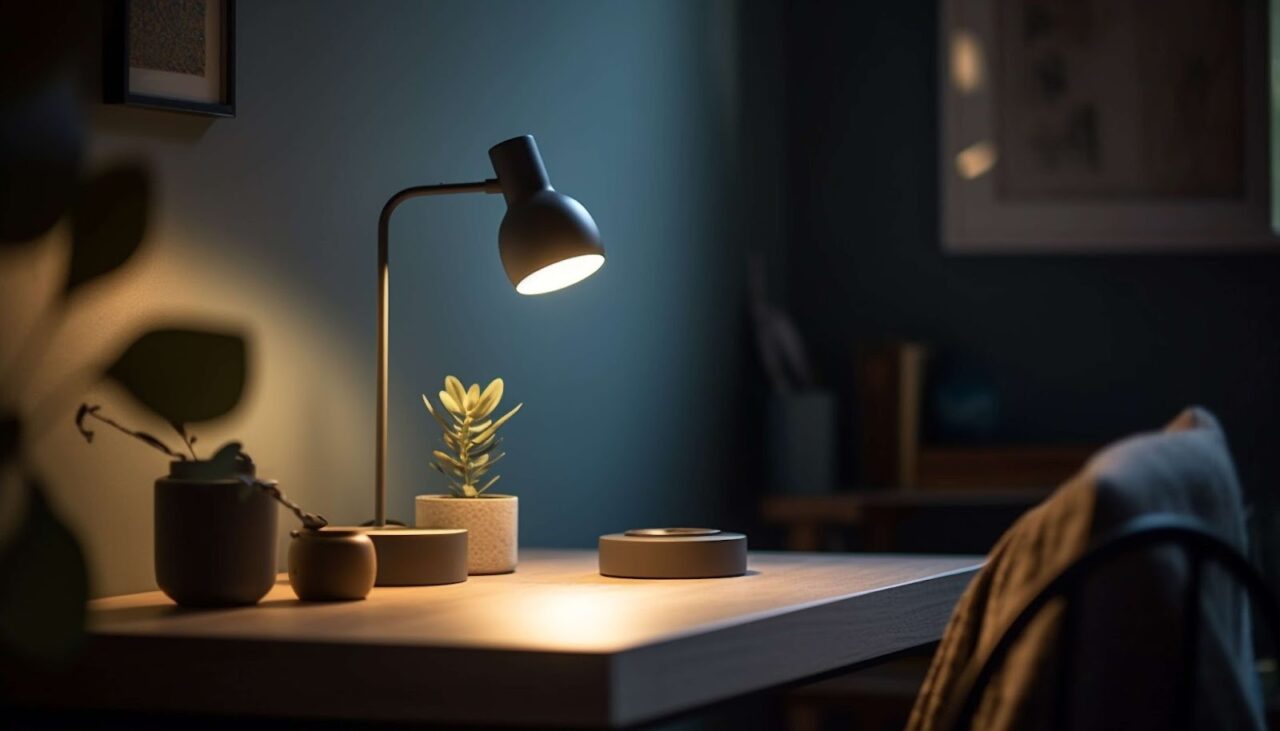 A switched-on desk lamp in a dark room