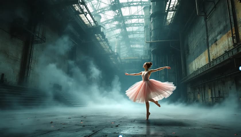 An artistic representation of industrial beauty showcasing power stations and ballet aesthetics.